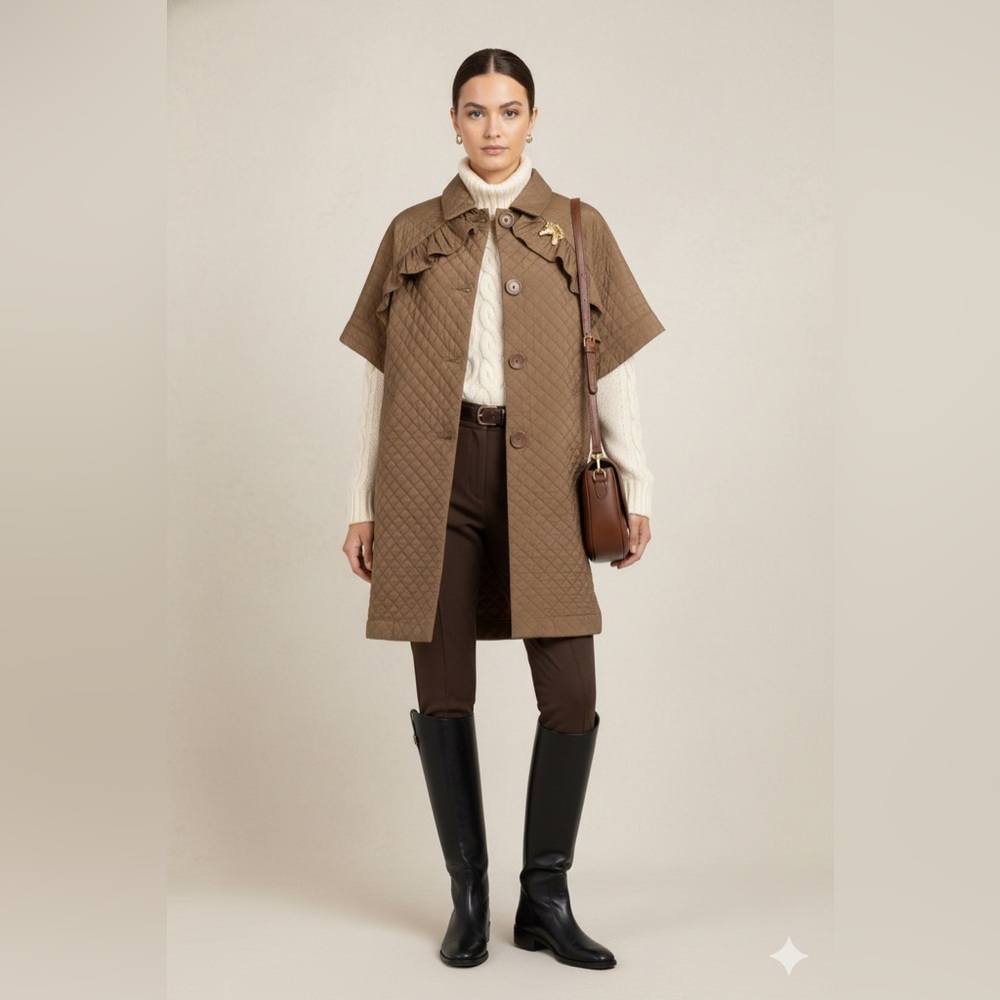 Vintage Brown Quilted Button Front Ruffle Cape Coat Short Sleeve 4